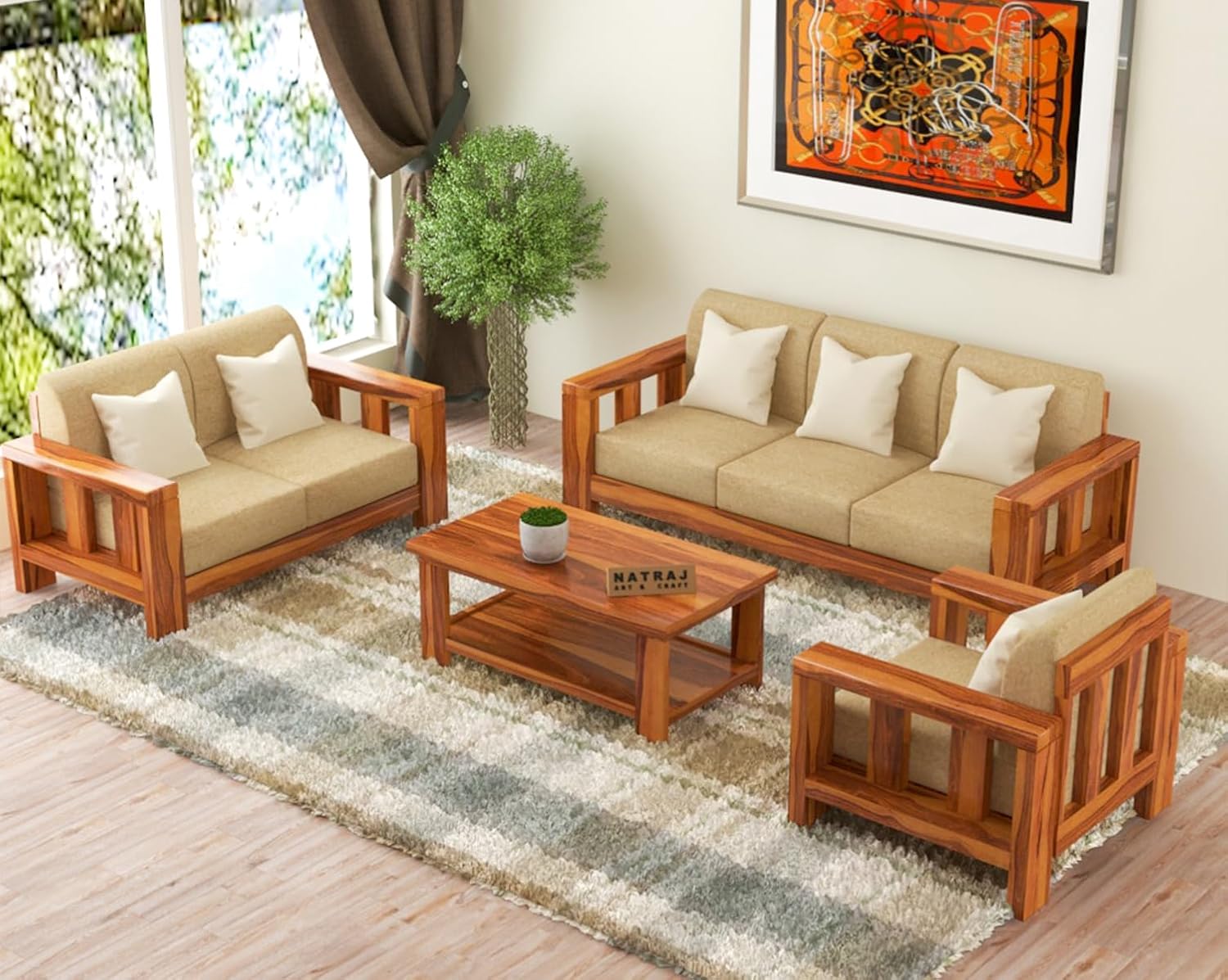 NATRAJ ART & CRAFT Sheesham Wooden 6 Seater Sofa Set for Living Room | Solid Wood Sofa | Rosewood Sofa Set for Home & Office | Lounge (Natural, 3+2+1 Seater)